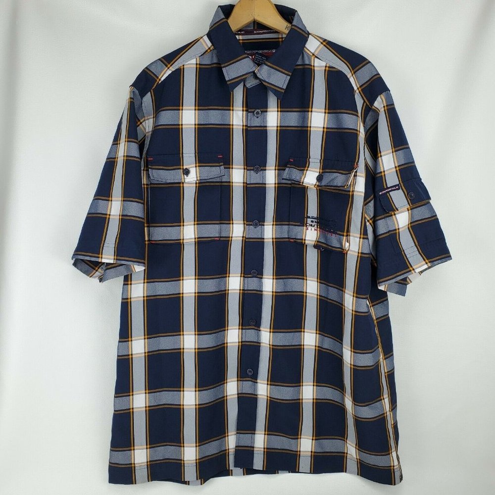 South Pole Blue White Yellow Plaid Casual Button S/S Shirt Men's Size L